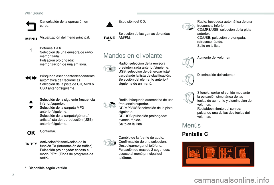PEUGEOT PARTNER TEPEE 2020  Manual del propietario (in Spanish) 2
Cancelación de la operación en 
curso.
Visualización del menú principal.
Botones 1 a 6
Selección de una emisora de radio 
memorizada.
Pulsación prolongada: 
memorización de una emisora.
Búsq
