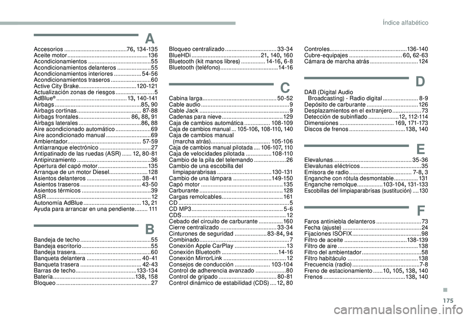 PEUGEOT PARTNER TEPEE 2020  Manual del propietario (in Spanish) 175
AAccesorios ....................................... 76, 13 4 -13 5
Aceite motor  .................................................. 13 6
Acondicionamientos
 

.....................................