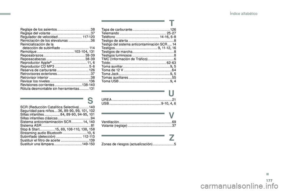 PEUGEOT PARTNER TEPEE 2020  Manual del propietario (in Spanish) 177
Reglaje de los asientos ...................................38
Reglaje del volante  ......................................... 37
Regulador de velocidad
 

.........................117-12 0
Reinicia