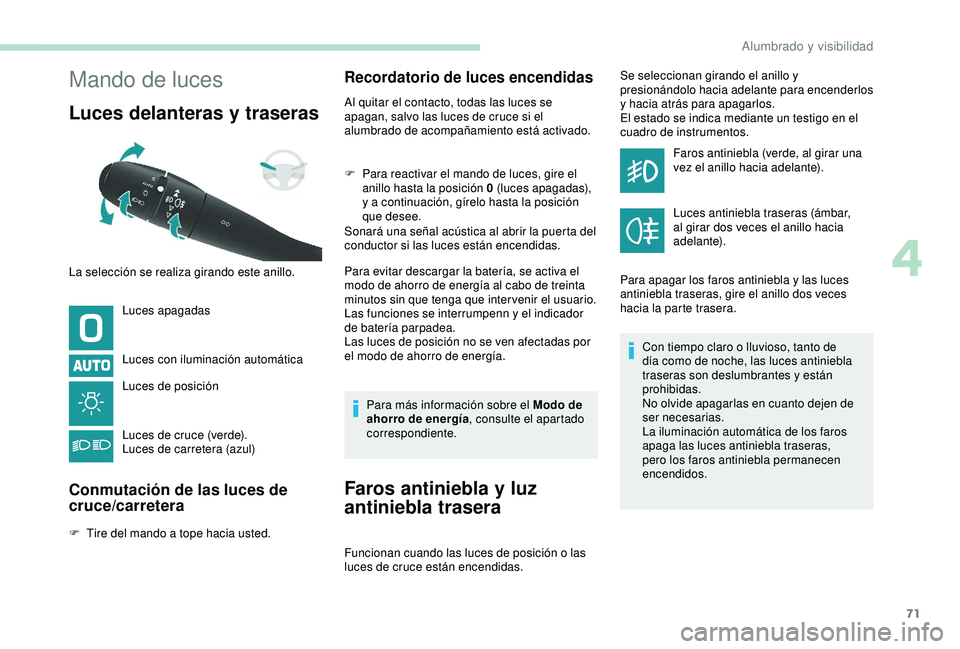 PEUGEOT PARTNER TEPEE 2020  Manual del propietario (in Spanish) 71
Mando de luces
Luces delanteras y traseras 
Luces apagadas
Luces con iluminación automática
Luces de posición
Luces de cruce (verde).
Luces de carretera (azul)
Conmutación de las luces de 
cruc