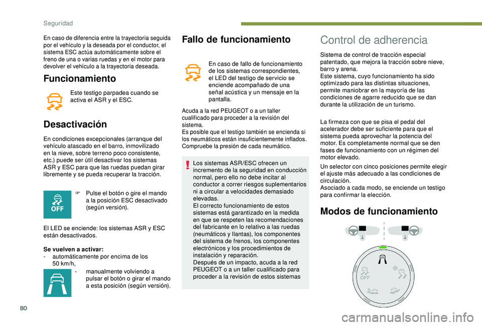 PEUGEOT PARTNER TEPEE 2020  Manual del propietario (in Spanish) 80
Funcionamiento
Este testigo parpadea cuando se 
activa el ASR y el ESC.
Desactivación
En condiciones excepcionales (arranque del 
vehículo atascado en el barro, inmovilizado 
en la nieve, sobre t