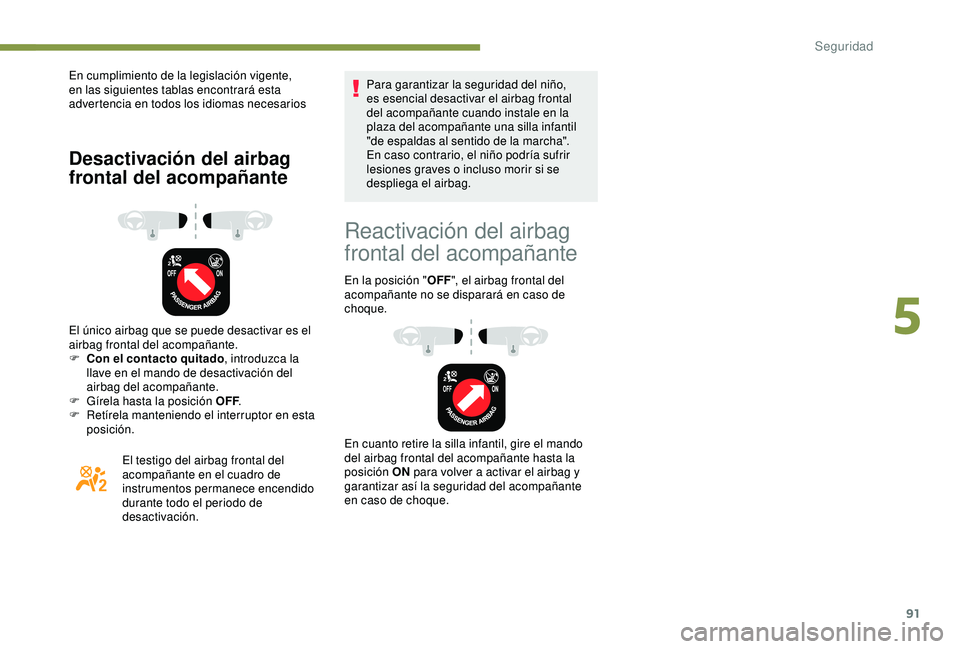 PEUGEOT PARTNER TEPEE 2020  Manual del propietario (in Spanish) 91
En cumplimiento de la legislación vigente, 
en las siguientes tablas encontrará esta 
advertencia en todos los idiomas necesarios
Desactivación del airbag 
frontal del acompañante
El único air