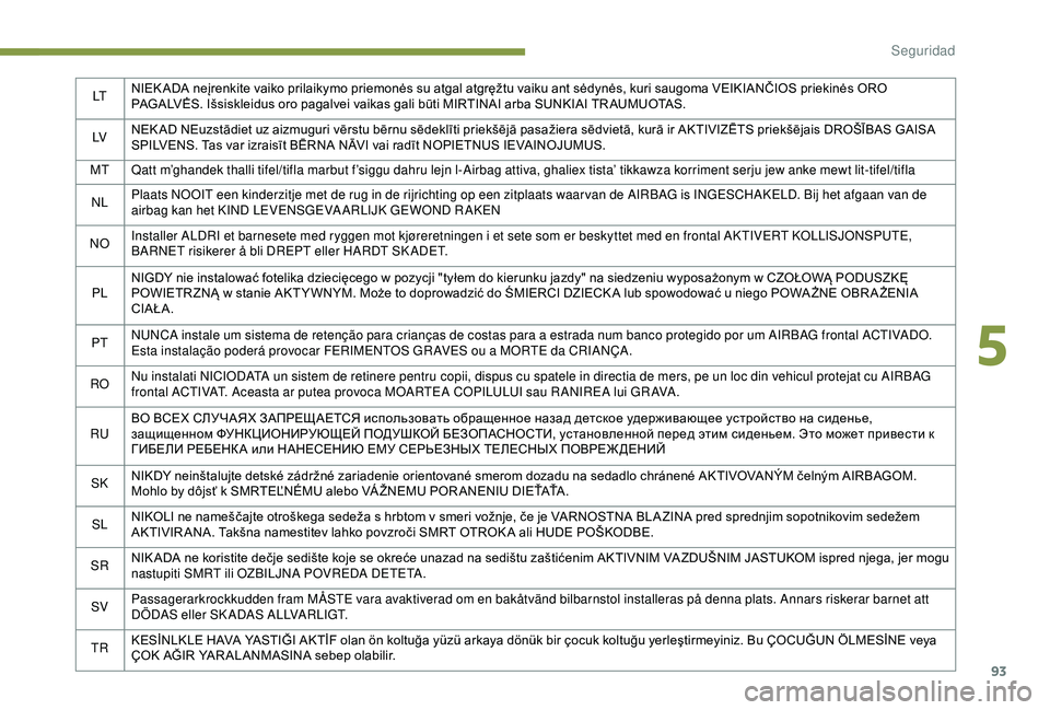 PEUGEOT PARTNER TEPEE 2020  Manual del propietario (in Spanish) 93
LTNIEK ADA neįrenkite vaiko prilaikymo priemonės su atgal atgręžtu vaiku ant sėdynės, kuri saugoma VEIKIANČIOS priekinės ORO 
PAGALVĖS. Išsiskleidus oro pagalvei vaikas gali būti MIRTINA