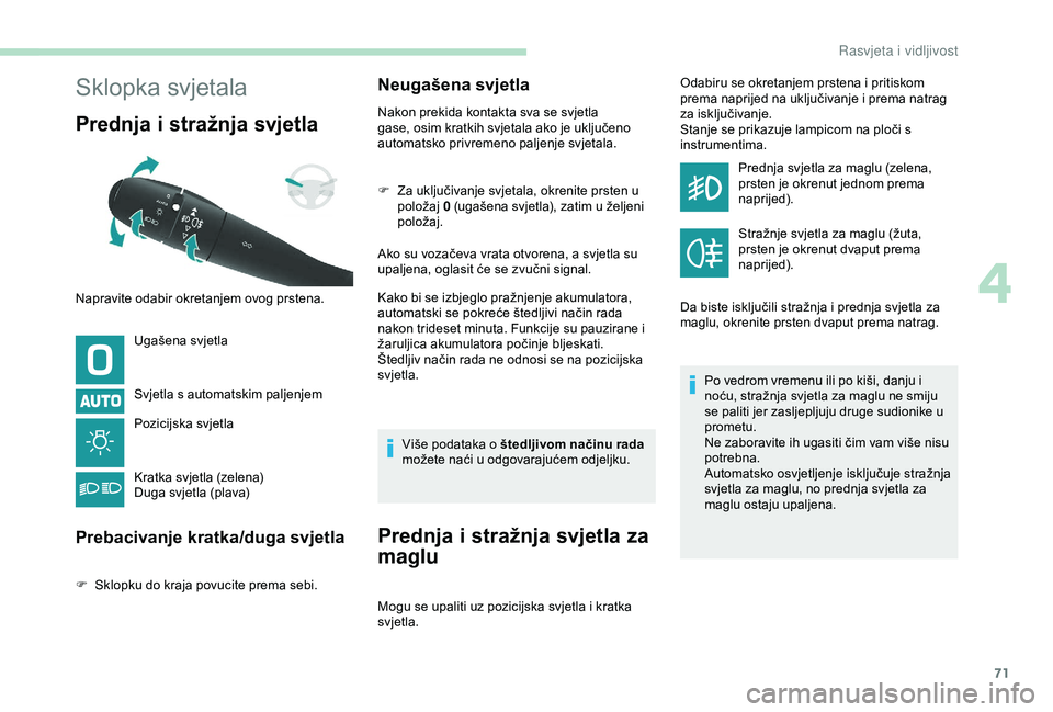 PEUGEOT PARTNER TEPEE 2020  Upute Za Rukovanje (in Croatian) 71
Sklopka svjetala
Prednja i stražnja svjetla 
Ugašena svjetla
Svjetla s automatskim paljenjem
Pozicijska svjetla
Kratka svjetla (zelena)
Duga svjetla (plava)
Prebacivanje kratka/duga svjetla
F Skl