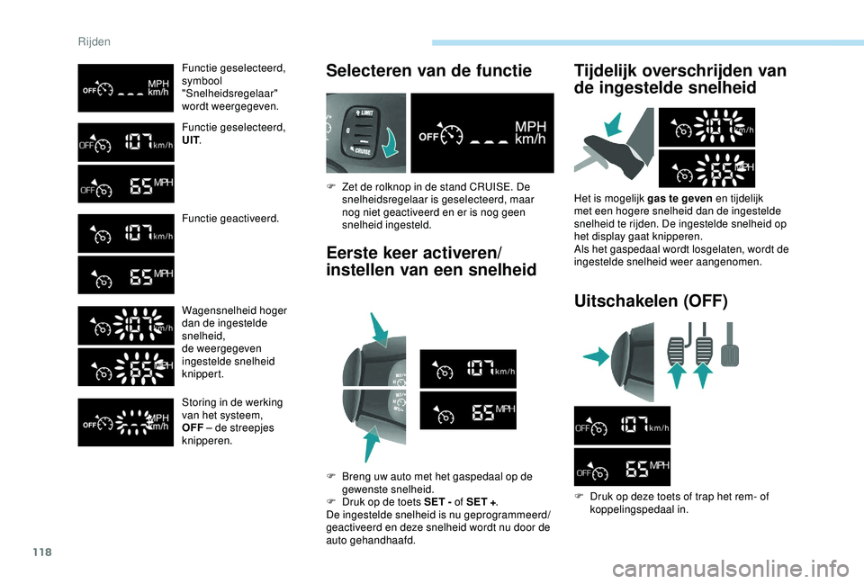 PEUGEOT PARTNER TEPEE 2020  Instructieboekje (in Dutch) 118
Functie geselecteerd,
symbool 
"Snelheidsregelaar" 
wordt weergegeven.
Functie geselecteerd,
UIT.
Functie geactiveerd.
Wagensnelheid hoger 
dan de ingestelde 
snelheid,
de weergegeven 
ing