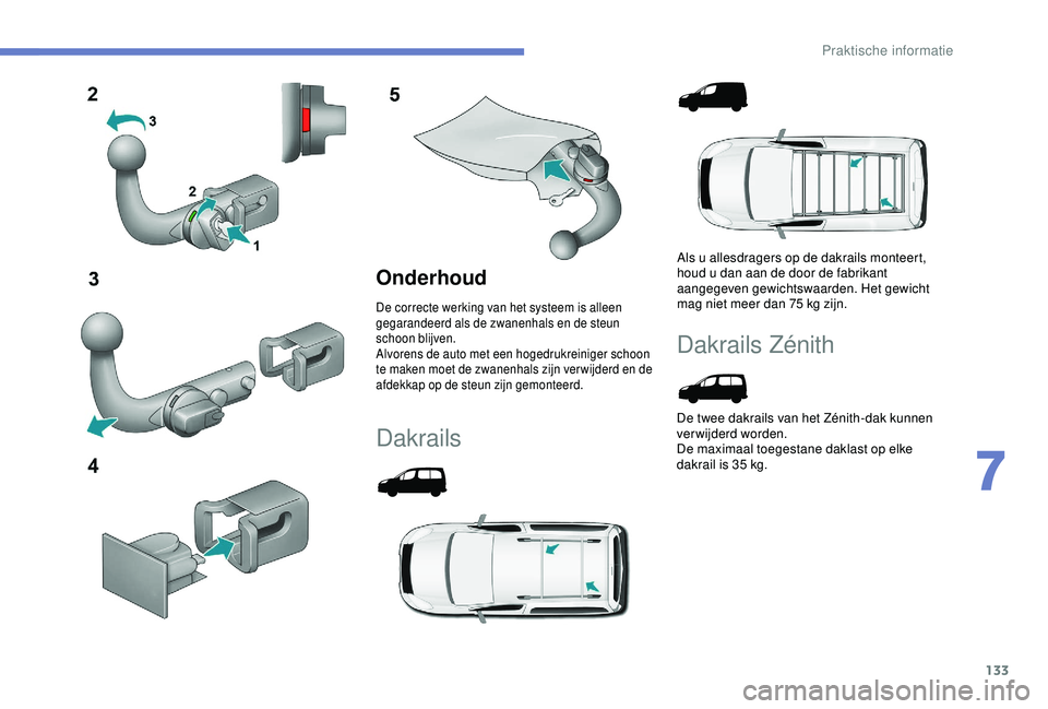 PEUGEOT PARTNER TEPEE 2020  Instructieboekje (in Dutch) 133
Onderhoud
De correcte werking van het systeem is alleen 
gegarandeerd als de zwanenhals en de steun 
schoon blijven.
Alvorens de auto met een hogedrukreiniger schoon 
te maken moet de zwanenhals z