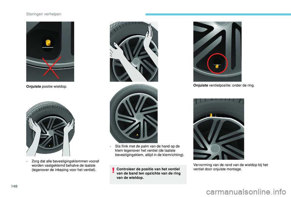 PEUGEOT PARTNER TEPEE 2020  Instructieboekje (in Dutch) 148
Controleer de positie van het ventiel 
van de band ten opzichte van de ring 
van de wieldop.
Onjuiste
 positie wieldop.
-
 
Z

org dat alle bevestigingsklemmen vooraf 
worden vastgeklemd behalve d