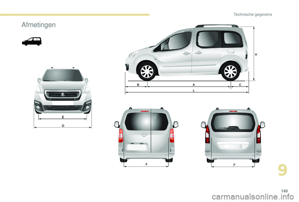 PEUGEOT PARTNER TEPEE 2020  Instructieboekje (in Dutch) 165
Afmetingen
9 
Technische gegevens  