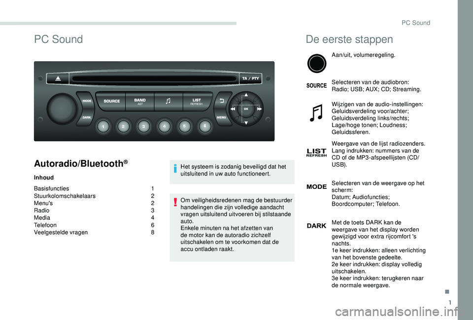 PEUGEOT PARTNER TEPEE 2020  Instructieboekje (in Dutch) 1
PC Sound
Autoradio/Bluetooth®
Inhoud
Basisfuncties
 
1
Stuurkolomschakelaars
 

2
Menu's
  2
Radio
  3
Media
  4
Telefoon
 6
V

eelgestelde vragen
 8 H

et systeem is zodanig beveiligd dat het 