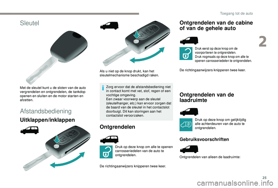 PEUGEOT PARTNER TEPEE 2020  Instructieboekje (in Dutch) 25
Sleutel
Met de sleutel kunt u de sloten van de auto 
vergrendelen en ontgrendelen, de tankdop 
openen en sluiten en de motor starten en 
afzetten.
Afstandsbediening
Uitklappen/inklappen 
Als u niet