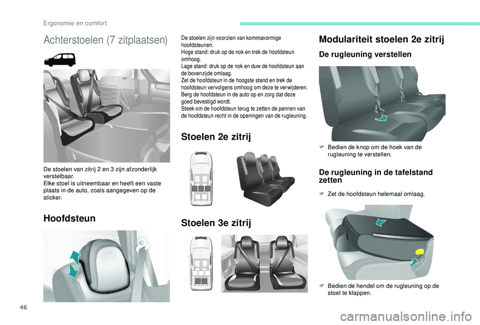 PEUGEOT PARTNER TEPEE 2020  Instructieboekje (in Dutch) 46
Modulariteit stoelen 2e zitrij
De rugleuning verstellenDe rugleuning in de tafelstand 
zetten
F Zet de hoofdsteun helemaal omlaag. F  
B
 edien de knop om de hoek van de 
rugleuning te verstellen.
