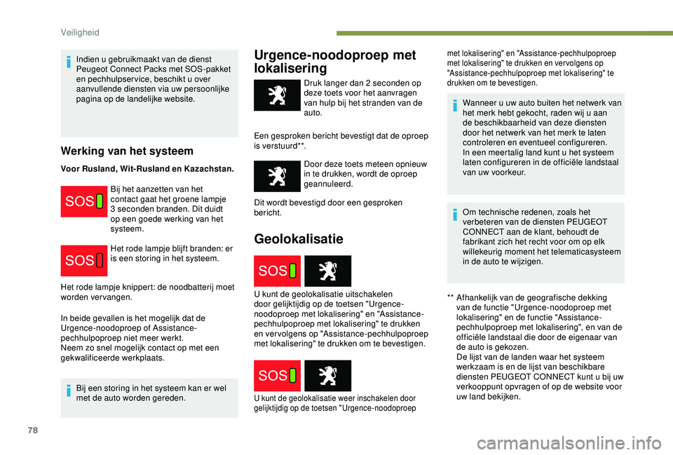 PEUGEOT PARTNER TEPEE 2020  Instructieboekje (in Dutch) 78
Indien u gebruikmaakt van de dienst 
Peugeot Connect Packs met SOS-pakket 
en pechhulpser vice, beschikt u over 
aanvullende diensten via uw persoonlijke 
pagina op de landelijke website.
Werking v