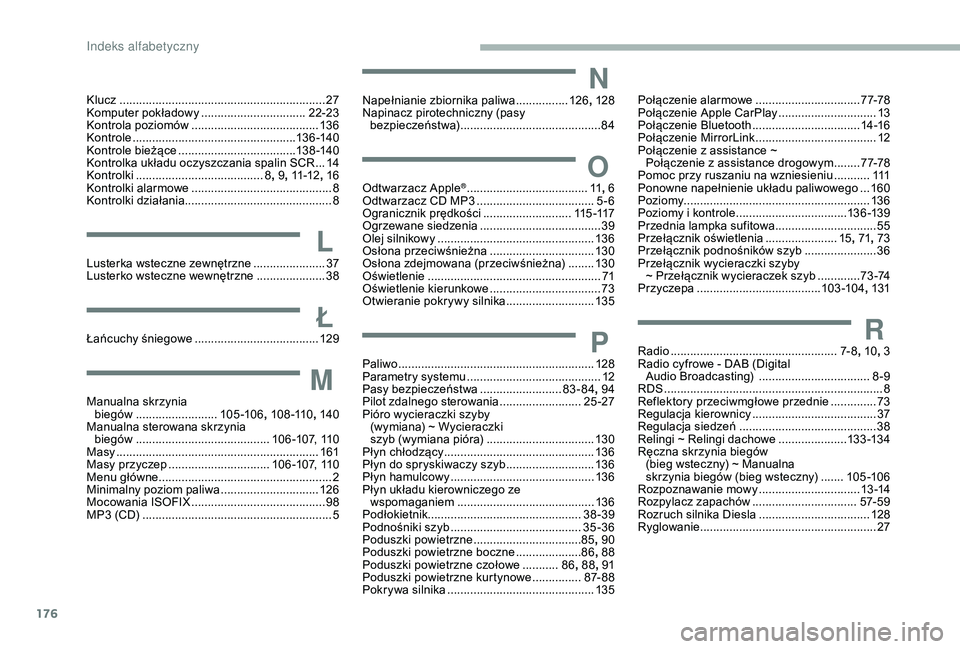 PEUGEOT PARTNER TEPEE 2020  Instrukcja obsługi (in Polish) 176
Klucz ...............................................................27
Komputer pokładowy  ................................2
2-23
Kontrola poziomów
 ....................................... 13

