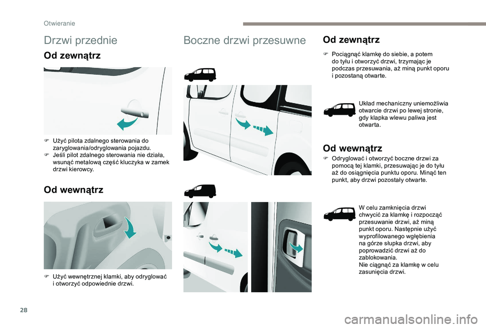 PEUGEOT PARTNER TEPEE 2020  Instrukcja obsługi (in Polish) 28
Drzwi przednie
Od zewnątrz
Od wewnątrz
Boczne drzwi przesuwneOd zewnątrz
F Pociągnąć klamkę do siebie, a  potem 
do tyłu i   otworzyć drzwi, trzymając je 
podczas przesuwania, aż miną p
