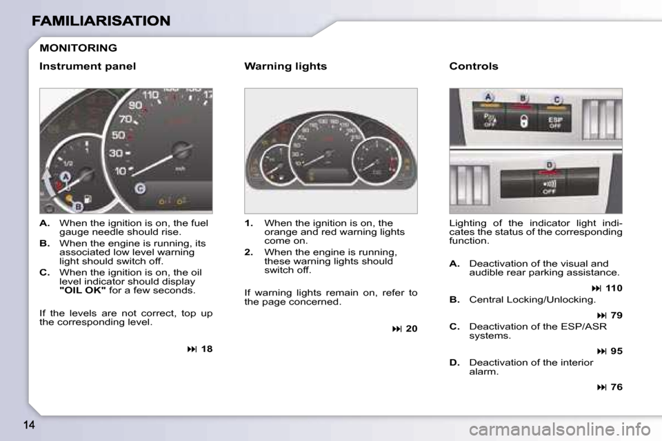 Peugeot 1007 Dag 2007  Owners Manual �M�O�N�I�T�O�R�I�N�G
�I�n�s�t�r�u�m�e�n�t� �p�a�n�e�l�W�a�r�n�i�n�g� �l�i�g�h�t�s
�A�.� �W�h�e�n� �t�h�e� �i�g�n�i�t�i�o�n� �i�s� �o�n�,� �t�h�e� �f�u�e�l� �g�a�u�g�e� �n�e�e�d�l�e� �s�h�o�u�l�d� �r�i