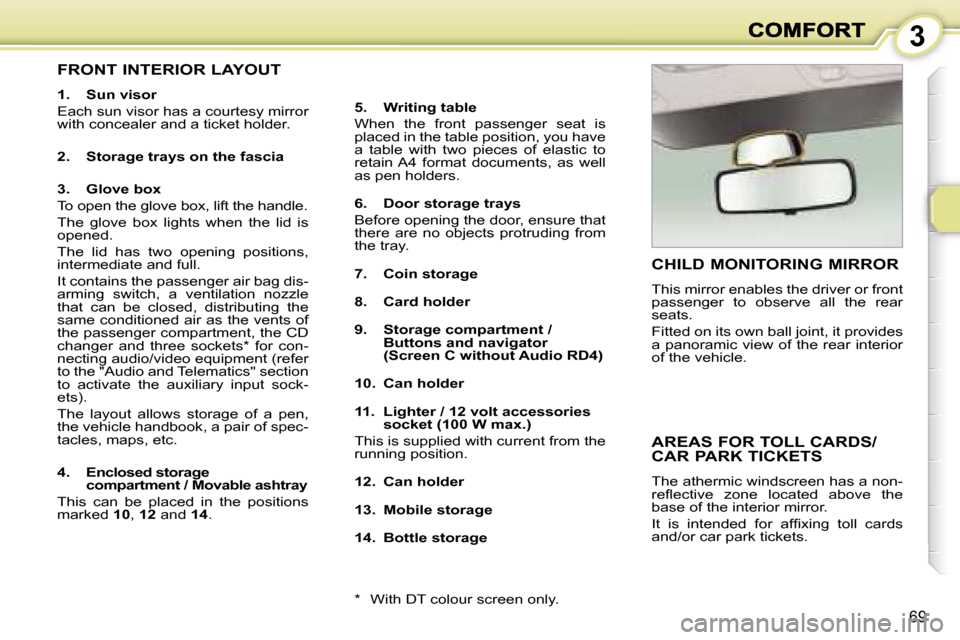 Peugeot 1007 Dag 2007  Owners Manual �3
�6�9
�F�R�O�N�T� �I�N�T�E�R�I�O�R� �L�A�Y�O�U�T
�1�.�  �S�u�n� �v�i�s�o�r
�E�a�c�h� �s�u�n� �v�i�s�o�r� �h�a�s� �a� �c�o�u�r�t�e�s�y� �m�i�r�r�o�r� �w�i�t�h� �c�o�n�c�e�a�l�e�r� �a�n�d� �a� �t�i�c�