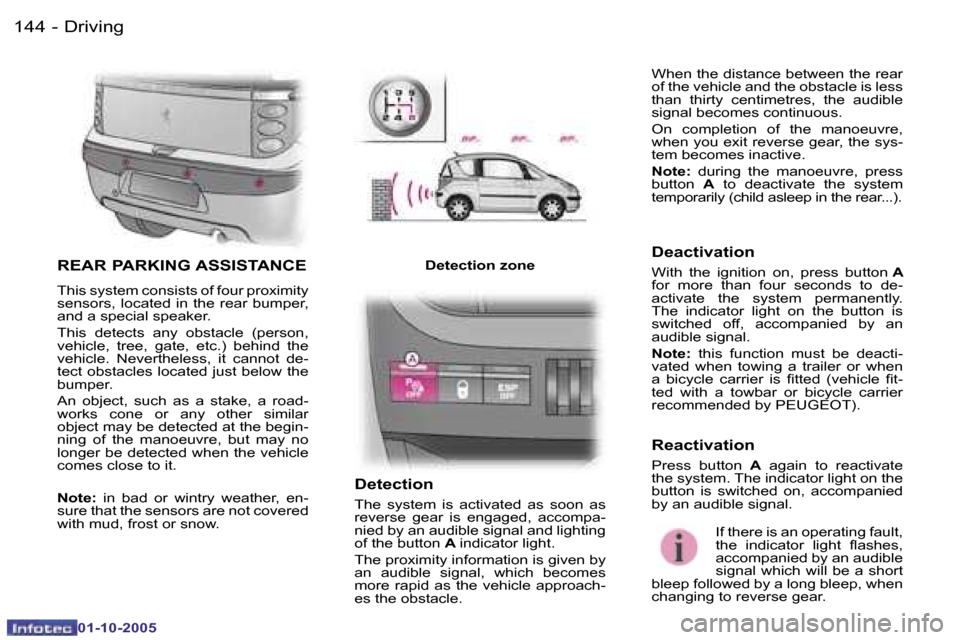Peugeot 1007 Dag 2005.5  Owners Manual �1�4�4 �-�D�r�i�v�i�n�g
�0�1�-�1�0�-�2�0�0�5
�R�E�A�R� �P�A�R�K�I�N�G� �A�S�S�I�S�T�A�N�C�E
�T�h�i�s� �s�y�s�t�e�m� �c�o�n�s�i�s�t�s� �o�f� �f�o�u�r� �p�r�o�x�i�m�i�t�y�  
�s�e�n�s�o�r�s�,�  �l�o�c�a�