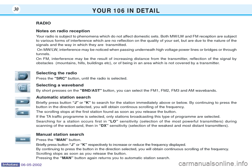 Peugeot 106 Dag 2001.5 Owners Manual Y O U R 1 0 6 I N D E TA I L30
RADIO Notes on radio reception
Your radio is subject to phenomena which do not affect domestic sets. Both MW/LW and FM reception are subject to various forms of i Peugeot 106 Dag 2001.5 Owners Manual Y O U R 1 0 6 I N D E TA I L30
RADIO Notes on radio reception
Your radio is subject to phenomena which do not affect domestic sets. Both MW/LW and FM reception are subject to various forms of i