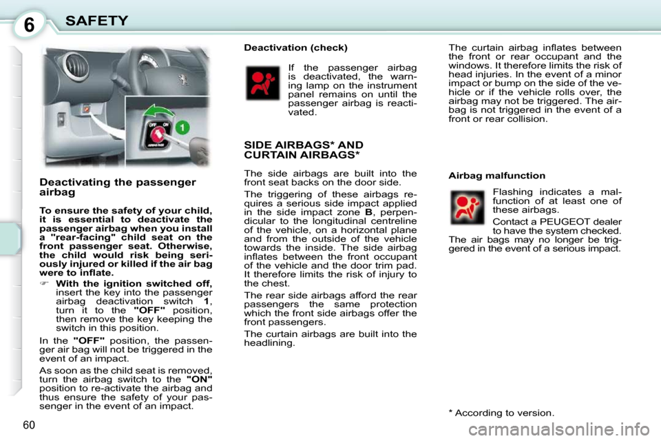 Peugeot 107 Dag 2009 Owners Manual 6
60
SAFETY
Deactivating the passenger
airbag
To ensure the safety of your child,
it is essential to
deactivate
the
passenger
airbag
when you install
a "rear-facing" Peugeot 107 Dag 2009 Owners Manual 6
60
SAFETY
Deactivating the passenger
airbag
To ensure the safety of your child,
it is essential to
deactivate
the
passenger
airbag
when you install
a "rear-facing"