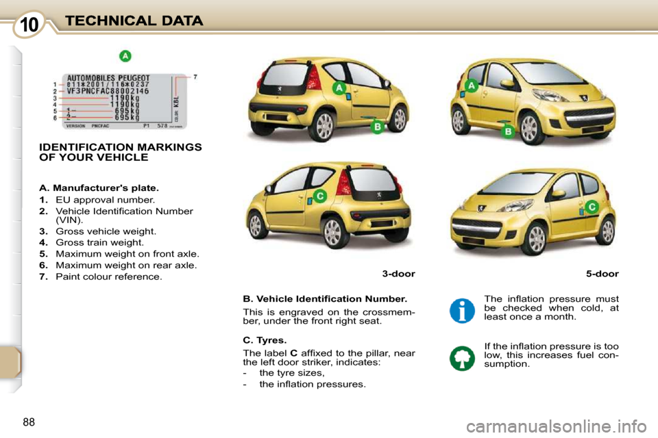 Peugeot 107 Dag 2009  Owners Manual 1010
88
         IDENTIFICATION MARKINGS OF YOUR VEHICLE  
� � �B�.� �V�e�h�i�c�l�e� �I�d�e�n�t�i�ﬁ� �c�a�t�i�o�n� �N�u�m�b�e�r�.�  
 This  is  engraved  on  the  crossmem- 
ber, under the front rig