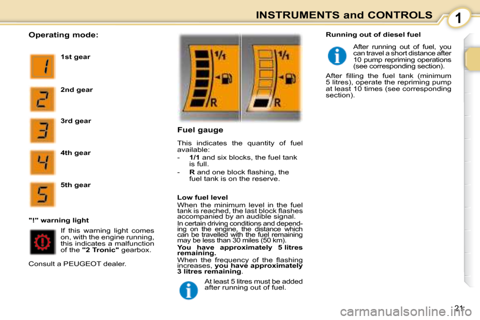 Peugeot 107 Dag 2008 Owners Manual 1
21
INSTRUMENTS and CONTROLS
Operating mode:
1st gear
2nd gear
3rd gear
4th gear
5th gear
If this warning light comes
on, with the engine running,
this indica Peugeot 107 Dag 2008 Owners Manual 1
21
INSTRUMENTS and CONTROLS
Operating mode:
1st gear
2nd gear
3rd gear
4th gear
5th gear
If this warning light comes
on, with the engine running,
this indica
