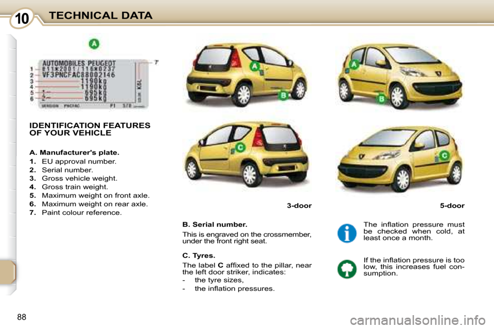 Peugeot 107 Dag 2008  Owners Manual 10
88
TECHNICAL DATA
       IDENTIFICATION FEATURES  
OF YOUR VEHICLE  
� � �B�.� �S�e�r�i�a�l� �n�u�m�b�e�r�.�  
 This is engraved on the crossmember,  
under the front right seat.  � �T�h�e�  �i�n�