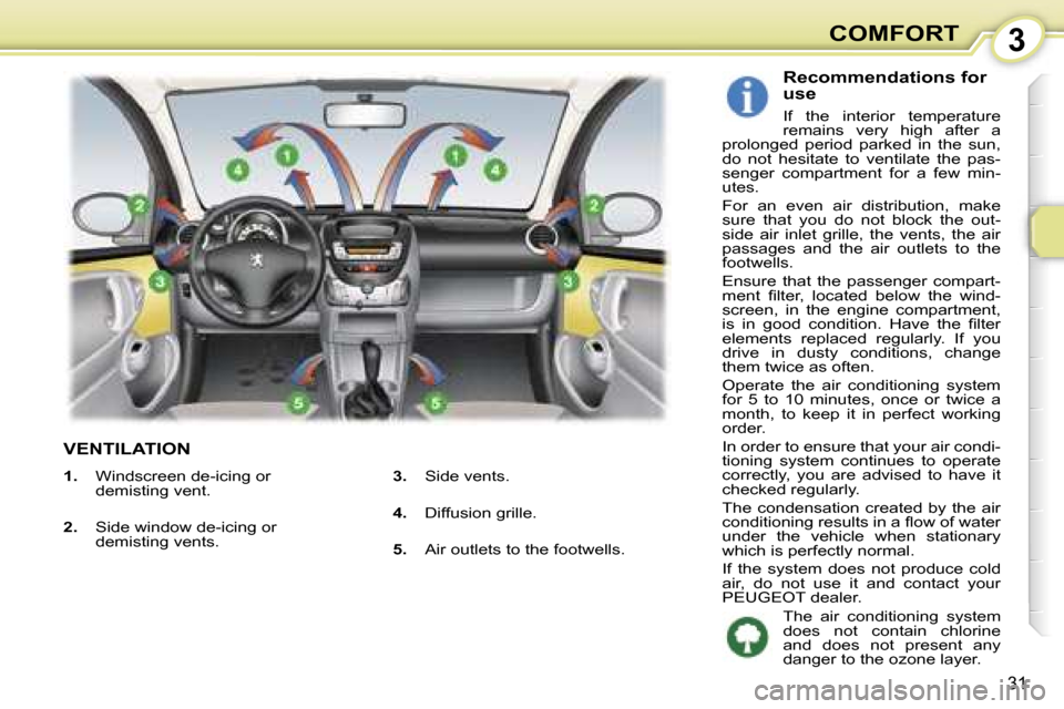 Peugeot 107 Dag 2006.5  Owners Manual �3�C�O�M�F�O�R�T
�3�1
�V�E�N�T�I�L�A�T�I�O�N
�R�e�c�o�m�m�e�n�d�a�t�i�o�n�s� �f�o�r�  
�u�s�e
�I�f�  �t�h�e�  �i�n�t�e�r�i�o�r�  �t�e�m�p�e�r�a�t�u�r�e�  
�r�e�m�a�i�n�s�  �v�e�r�y�  �h�i�g�h�  �a�f�t