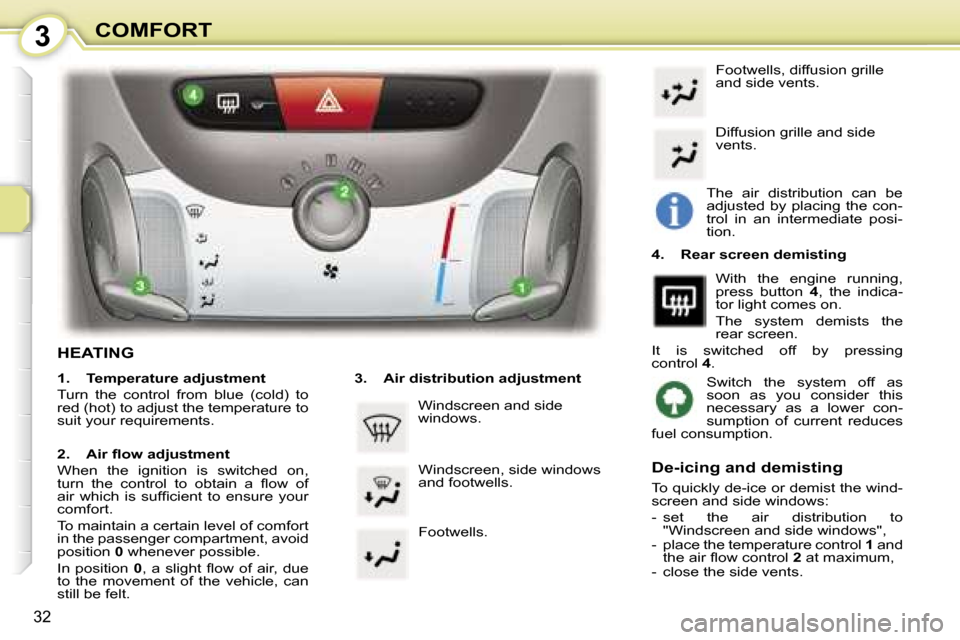 Peugeot 107 Dag 2006.5  Owners Manual �3�C�O�M�F�O�R�T
�3�2
�H�E�A�T�I�N�G
�1�.�  �T�e�m�p�e�r�a�t�u�r�e� �a�d�j�u�s�t�m�e�n�t 
�T�u�r�n�  �t�h�e�  �c�o�n�t�r�o�l�  �f�r�o�m�  �b�l�u�e�  �(�c�o�l�d�)�  �t�o�  
�r�e�d� �(�h�o�t�)� �t�o� �a