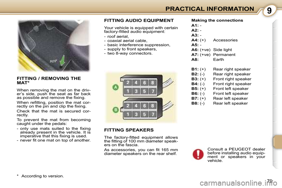Peugeot 107 Dag 2006.5  Owners Manual �9�P�R�A�C�T�I�C�A�L� �I�N�F�O�R�M�A�T�I�O�N
�7�9
�F�I�T�T�I�N�G� �A�U�D�I�O� �E�Q�U�I�P�M�E�N�T
�Y�o�u�r� �v�e�h�i�c�l�e� �i�s� �e�q�u�i�p�p�e�d� �w�i�t�h� �c�e�r�t�a�i�n�  
�f�a�c�t�o�r�y�-�ﬁ�t�t�