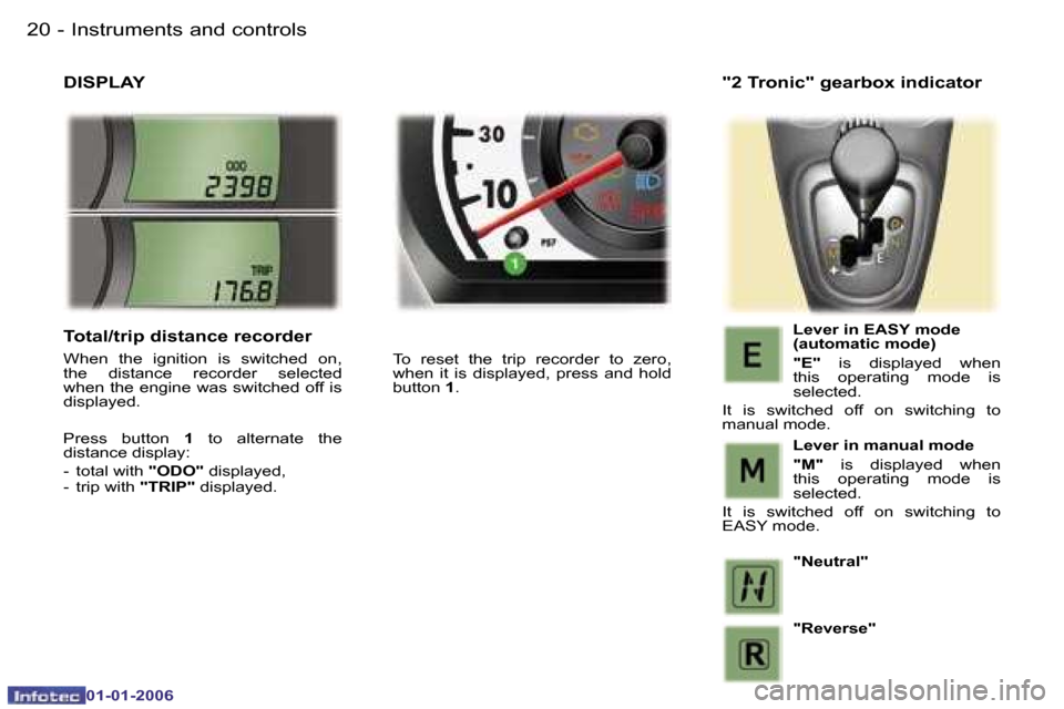 Peugeot 107 Dag 2006  Owners Manual �I�n�s�t�r�u�m�e�n�t�s� �a�n�d� �c�o�n�t�r�o�l�s�2�0 �-
�0�1�-�0�1�-�2�0�0�6
�D�I�S�P�L�A�Y
�T�o�  �r�e�s�e�t�  �t�h�e�  �t�r�i�p�  �r�e�c�o�r�d�e�r�  �t�o�  �z�e�r�o�,�  
�w�h�e�n�  �i�t�  �i�s�  �d�