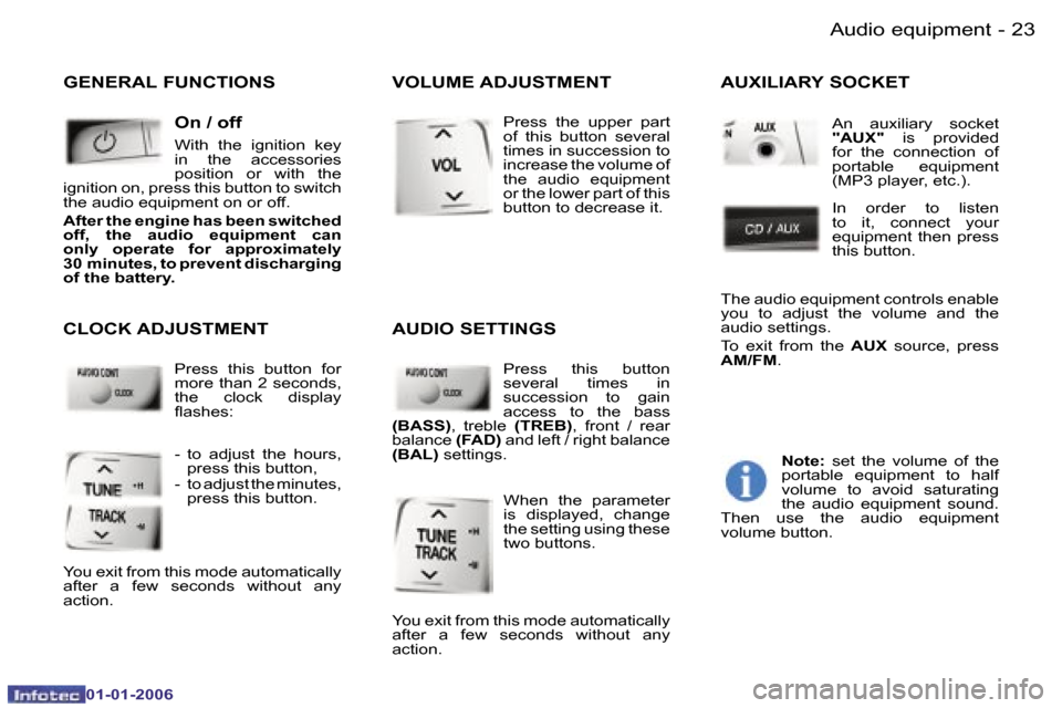 Peugeot 107 Dag 2006  Owners Manual �2�3�A�u�d�i�o� �e�q�u�i�p�m�e�n�t�-
�0�1�-�0�1�-�2�0�0�6
�G�E�N�E�R�A�L� �F�U�N�C�T�I�O�N�S�O�n� �/� �o�f�f
�W�i�t�h�  �t�h�e�  �i�g�n�i�t�i�o�n�  �k�e�y�  
�i�n�  �t�h�e�  �a�c�c�e�s�s�o�r�i�e�s� 
�