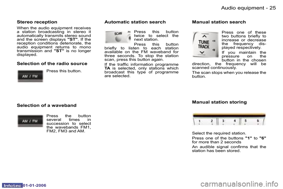Peugeot 107 Dag 2006  Owners Manual �2�5�A�u�d�i�o� �e�q�u�i�p�m�e�n�t�-
�0�1�-�0�1�-�2�0�0�6
�S�t�e�r�e�o� �r�e�c�e�p�t�i�o�n
�W�h�e�n�  �t�h�e�  �a�u�d�i�o�  �e�q�u�i�p�m�e�n�t�  �r�e�c�e�i�v�e�s�  
�a�  �s�t�a�t�i�o�n�  �b�r�o�a�d�c�