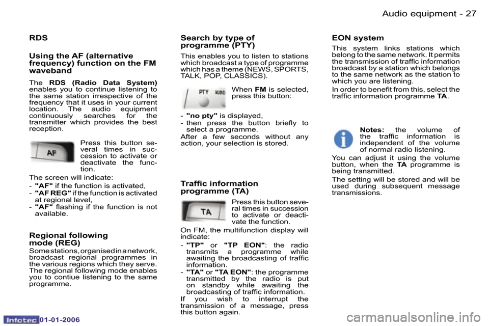 Peugeot 107 Dag 2006  Owners Manual �2�7�A�u�d�i�o� �e�q�u�i�p�m�e�n�t�-
�0�1�-�0�1�-�2�0�0�6
�R�D�S 
�U�s�i�n�g� �t�h�e� �A�F� �(�a�l�t�e�r�n�a�t�i�v�e�  
�f�r�e�q�u�e�n�c�y�)� �f�u�n�c�t�i�o�n� �o�n� �t�h�e� �F�M� 
�w�a�v�e�b�a�n�d 
�