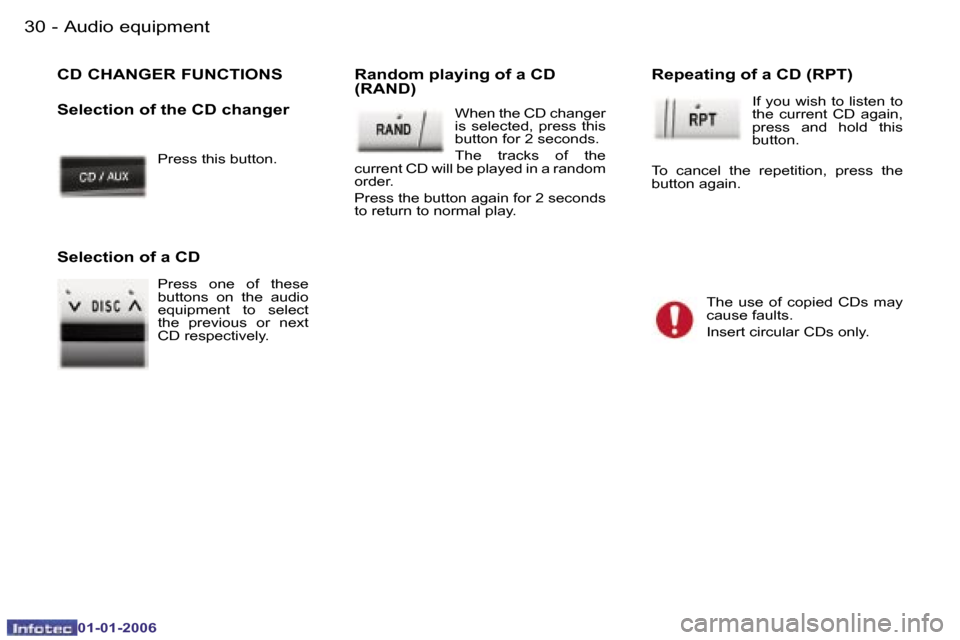 Peugeot 107 Dag 2006  Owners Manual �A�u�d�i�o� �e�q�u�i�p�m�e�n�t�3�0 �-
�0�1�-�0�1�-�2�0�0�6
�P�r�e�s�s� �t�h�i�s� �b�u�t�t�o�n�.
�C�D� �C�H�A�N�G�E�R� �F�U�N�C�T�I�O�N�S 
�S�e�l�e�c�t�i�o�n� �o�f� �t�h�e� �C�D� �c�h�a�n�g�e�r�R�a�n�d