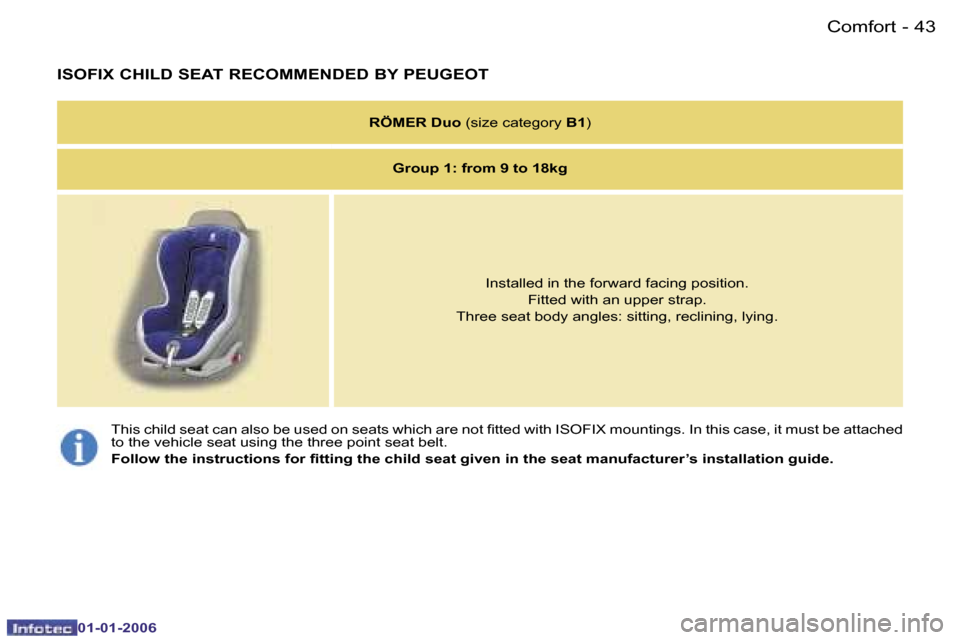 Peugeot 107 Dag 2006  Owners Manual �4�3�C�o�m�f�o�r�t�-
�0�1�-�0�1�-�2�0�0�6
�I�S�O�F�I�X� �C�H�I�L�D� �S�E�A�T� �R�E�C�O�M�M�E�N�D�E�D� �B�Y� �P�E�U�G�E�O�T
�R�Ö�M�E�R� �D�u�o� �(�s�i�z�e� �c�a�t�e�g�o�r�y�  �B�1�)
�G�r�o�u�p� �1�:� 