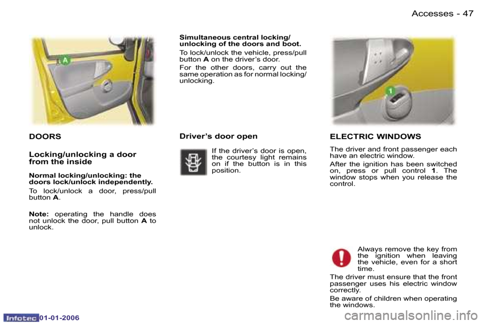 Peugeot 107 Dag 2006  Owners Manual �4�7�A�c�c�e�s�s�e�s�-
�0�1�-�0�1�-�2�0�0�6
�E�L�E�C�T�R�I�C� �W�I�N�D�O�W�S
�T�h�e� �d�r�i�v�e�r� �a�n�d� �f�r�o�n�t� �p�a�s�s�e�n�g�e�r� �e�a�c�h�  
�h�a�v�e� �a�n� �e�l�e�c�t�r�i�c� �w�i�n�d�o�w�. 