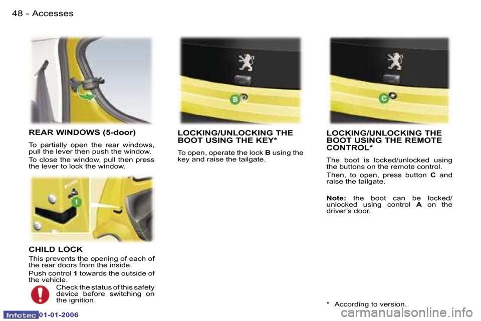 Peugeot 107 Dag 2006  Owners Manual �A�c�c�e�s�s�e�s
�4�8 �-
�0�1�-�0�1�-�2�0�0�6
�C�H�I�L�D� �L�O�C�K
�T�h�i�s� �p�r�e�v�e�n�t�s� �t�h�e� �o�p�e�n�i�n�g� �o�f� �e�a�c�h� �o�f�  
�t�h�e� �r�e�a�r� �d�o�o�r�s� �f�r�o�m� �t�h�e� �i�n�s�i�