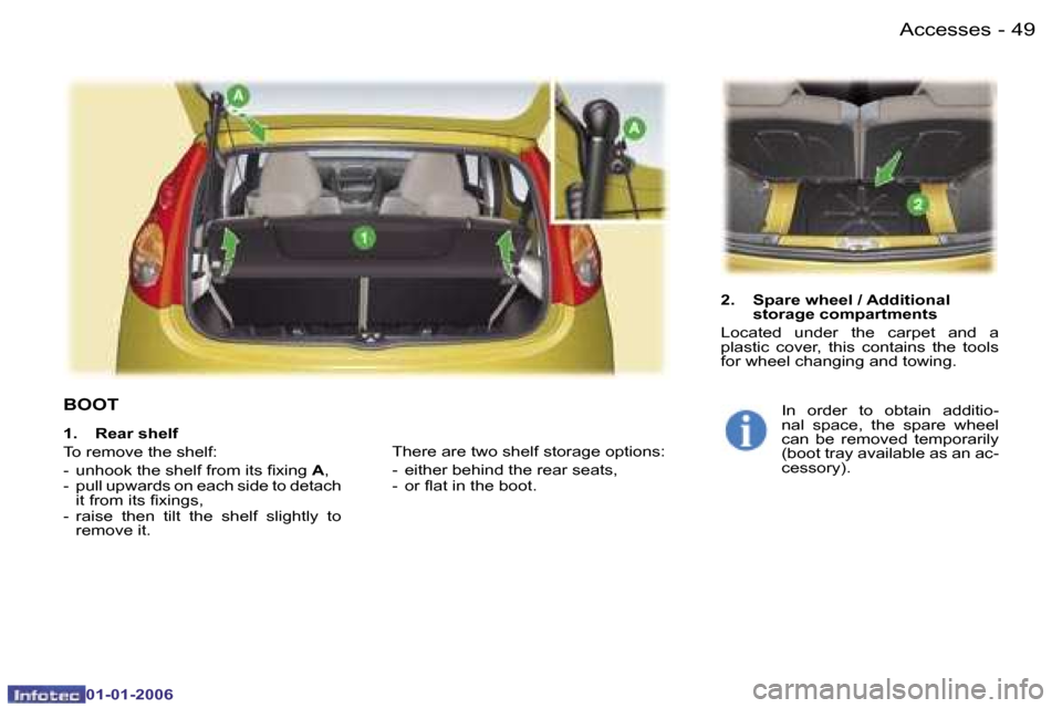 Peugeot 107 Dag 2006  Owners Manual �4�9�A�c�c�e�s�s�e�s�-
�0�1�-�0�1�-�2�0�0�6
�B�O�O�T
�2�.�  �S�p�a�r�e� �w�h�e�e�l� �/� �A�d�d�i�t�i�o�n�a�l� �s�t�o�r�a�g�e� �c�o�m�p�a�r�t�m�e�n�t�s
�L�o�c�a�t�e�d�  �u�n�d�e�r�  �t�h�e�  �c�a�r�p�e
