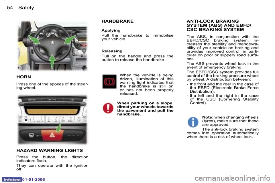 Peugeot 107 Dag 2006  Owners Manual �S�a�f�e�t�y
�5�4 �-
�0�1�-�0�1�-�2�0�0�6
�H�O�R�N
�P�r�e�s�s� �o�n�e� �o�f� �t�h�e� �s�p�o�k�e�s� �o�f� �t�h�e� �s�t�e�e�r�- 
�i�n�g� �w�h�e�e�l�.
�H�A�Z�A�R�D� �W�A�R�N�I�N�G� �L�I�G�H�T�S
�P�r�e�s�