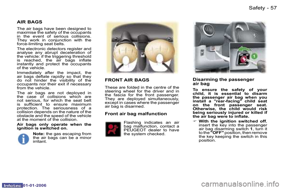 Peugeot 107 Dag 2006  Owners Manual �5�7�S�a�f�e�t�y�-
�0�1�-�0�1�-�2�0�0�6
�A�I�R� �B�A�G�S
�T�h�e� �a�i�r� �b�a�g�s� �h�a�v�e� �b�e�e�n� �d�e�s�i�g�n�e�d� �t�o�  
�m�a�x�i�m�i�s�e� �t�h�e� �s�a�f�e�t�y� �o�f� �t�h�e� �o�c�c�u�p�a�n�t�