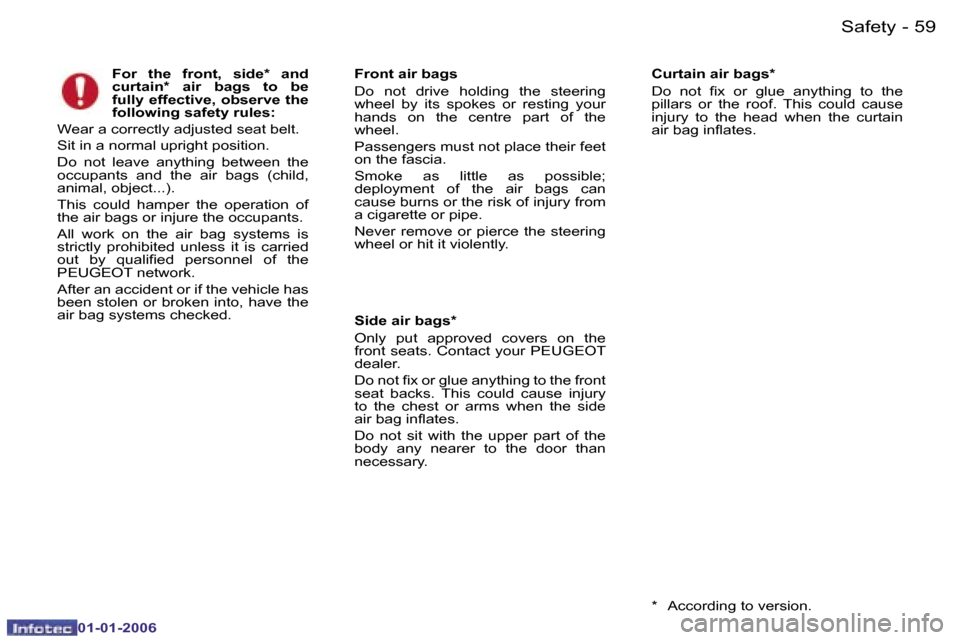 Peugeot 107 Dag 2006  Owners Manual �5�9�S�a�f�e�t�y�-
�0�1�-�0�1�-�2�0�0�6
�F�o�r�  �t�h�e�  �f�r�o�n�t�,�  �s�i�d�e�*�  �a�n�d�  
�c�u�r�t�a�i�n�*�  �a�i�r�  �b�a�g�s�  �t�o�  �b�e� 
�f�u�l�l�y� �e�f�f�e�c�t�i�v�e�,� �o�b�s�e�r�v�e� �