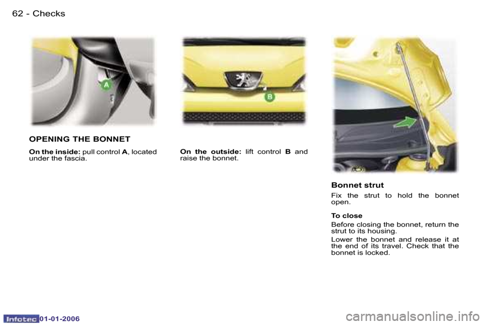 Peugeot 107 Dag 2006  Owners Manual �C�h�e�c�k�s�6�2 �-
�0�1�-�0�1�-�2�0�0�6
�O�P�E�N�I�N�G� �T�H�E� �B�O�N�N�E�T
�O�n� �t�h�e� �i�n�s�i�d�e�:� �p�u�l�l� �c�o�n�t�r�o�l� �A�,� �l�o�c�a�t�e�d� 
�u�n�d�e�r� �t�h�e� �f�a�s�c�i�a�. �O�n�  �