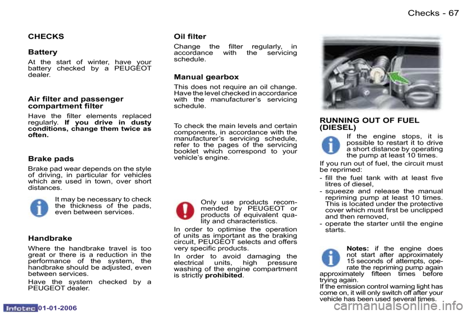 Peugeot 107 Dag 2006  Owners Manual �6�7�C�h�e�c�k�s�-
�0�1�-�0�1�-�2�0�0�6
�C�H�E�C�K�S�O�i�l� �ﬁ�l�t�e�r
�C�h�a�n�g�e�  �t�h�e�  �ﬁ�l�t�e�r �r�e�g�u�l�a�r�l�y�, �i�n 
�a�c�c�o�r�d�a�n�c�e�  �w�i�t�h�  �t�h�e�  �s�e�r�v�i�c�i�n�g� 