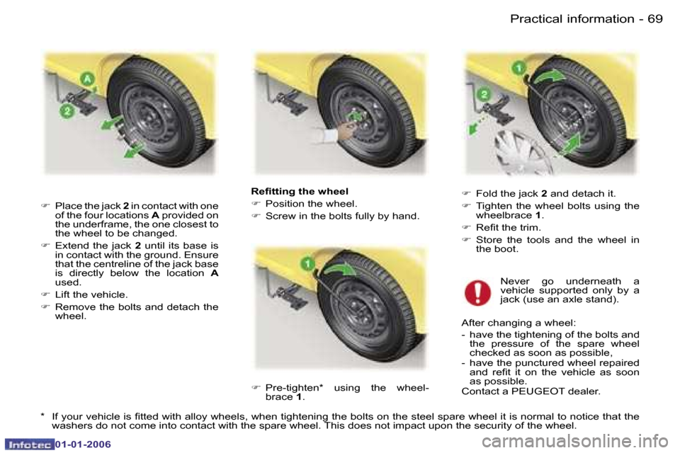 Peugeot 107 Dag 2006  Owners Manual �6�9
�P�r�a�c�t�i�c�a�l� �i�n�f�o�r�m�a�t�i�o�n
�-
�0�1�-�0�1�-�2�0�0�6
�R�e�ﬁ�t�t�i�n�g �t�h�e �w�h�e�e�l 
��  �P�o�s�i�t�i�o�n� �t�h�e� �w�h�e�e�l�.
� �  �S�c�r�e�w� �i�n� �t�h�e� �b�o�l�t�s