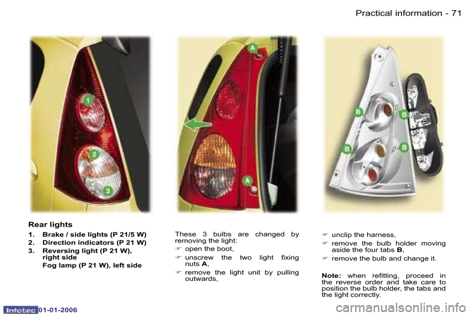 Peugeot 107 Dag 2006  Owners Manual �7�1�P�r�a�c�t�i�c�a�l� �i�n�f�o�r�m�a�t�i�o�n�-
�0�1�-�0�1�-�2�0�0�6
�R�e�a�r� �l�i�g�h�t�s
�1�.�  �B�r�a�k�e� �/� �s�i�d�e� �l�i�g�h�t�s� �(�P� �2�1�/�5� �W�) 
�2�.�  �D�i�r�e�c�t�i�o�n� �i�n�d�i�c�