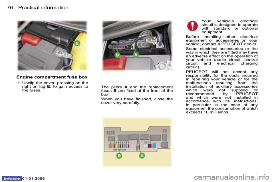 Peugeot 107 Dag 2006  Owners Manual �P�r�a�c�t�i�c�a�l� �i�n�f�o�r�m�a�t�i�o�n�7�6 �-
�0�1�-�0�1�-�2�0�0�6
�E�n�g�i�n�e� �c�o�m�p�a�r�t�m�e�n�t� �f�u�s�e� �b�o�x
��  �U�n�c�l�i�p�  �t�h�e�  �c�o�v�e�r�,�  �p�r�e�s�s�i�n�g�  �o�n�  �t