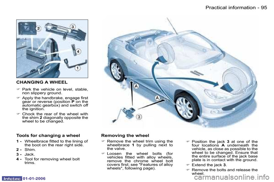 Peugeot 206 CC 2006  Owners Manual �9�5
�-�P�r�a�c�t�i�c�a�l� �i�n�f�o�r�m�a�t�i�o�n
�0�1�-�0�1�-�2�0�0�6
�C�H�A�N�G�I�N�G� �A� �W�H�E�E�L
�� �P�a�r�k�  �t�h�e�  �v�e�h�i�c�l�e�  �o�n�  �l�e�v�e�l�,�  �s�t�a�b�l�e�,�  
�n�o�n� �s�l�