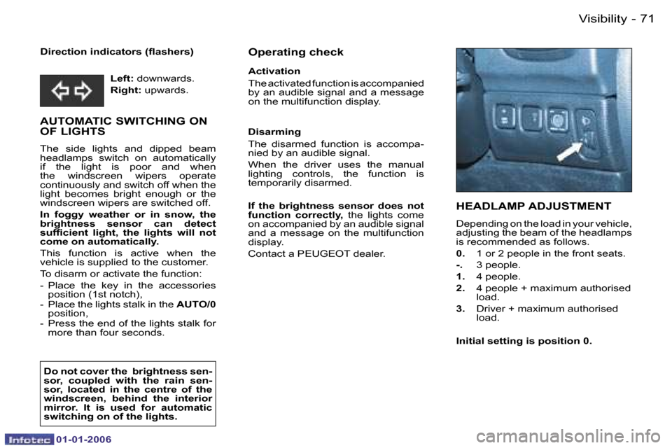 Peugeot 206 CC 2006  Owners Manual �7�1
�-
�V�i�s�i�b�i�l�i�t�y
�0�1�-�0�1�-�2�0�0�6
�D�i�r�e�c�t�i�o�n� �i�n�d�i�c�a�t�o�r�s� �(�ﬂ�a�s�h�e�r�s�)
�A�U�T�O�M�A�T�I�C� �S�W�I�T�C�H�I�N�G� �O�N�  
�O�F� �L�I�G�H�T�S
�T�h�e�  �s�i�d�e�  