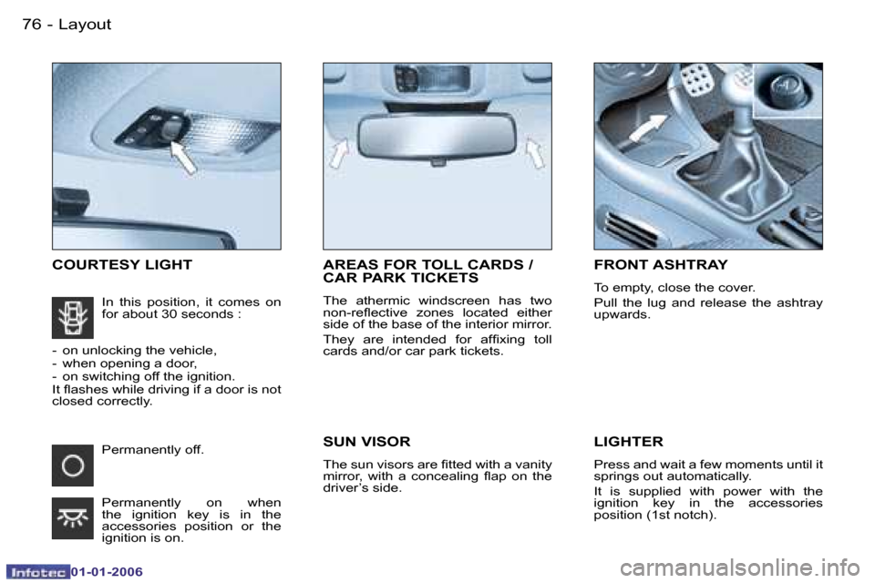 Peugeot 206 CC 2006  Owners Manual �7�6 �-�L�a�y�o�u�t
�0�1�-�0�1�-�2�0�0�6
�C�O�U�R�T�E�S�Y� �L�I�G�H�T�L�I�G�H�T�E�R� 
�P�r�e�s�s� �a�n�d� �w�a�i�t� �a� �f�e�w� �m�o�m�e�n�t�s� �u�n�t�i�l� �i�t�  
�s�p�r�i�n�g�s� �o�u�t� �a�u�t�o�m�a