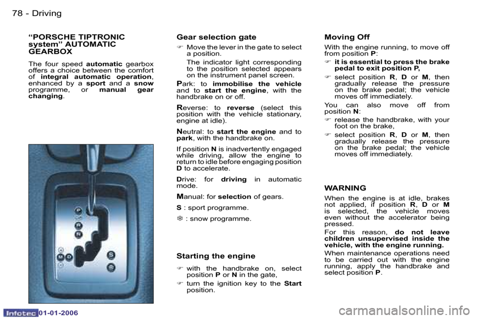 Peugeot 206 CC 2006  Owners Manual �7�8 �-�D�r�i�v�i�n�g
�0�1�-�0�1�-�2�0�0�6
�“�P�O�R�S�C�H�E� �T�I�P�T�R�O�N�I�C�  
�s�y�s�t�e�m�”� �A�U�T�O�M�A�T�I�C� 
�G�E�A�R�B�O�X
�T�h�e�  �f�o�u�r�  �s�p�e�e�d� 
�a�u�t�o�m�a�t�i�c� �g�e�a�r